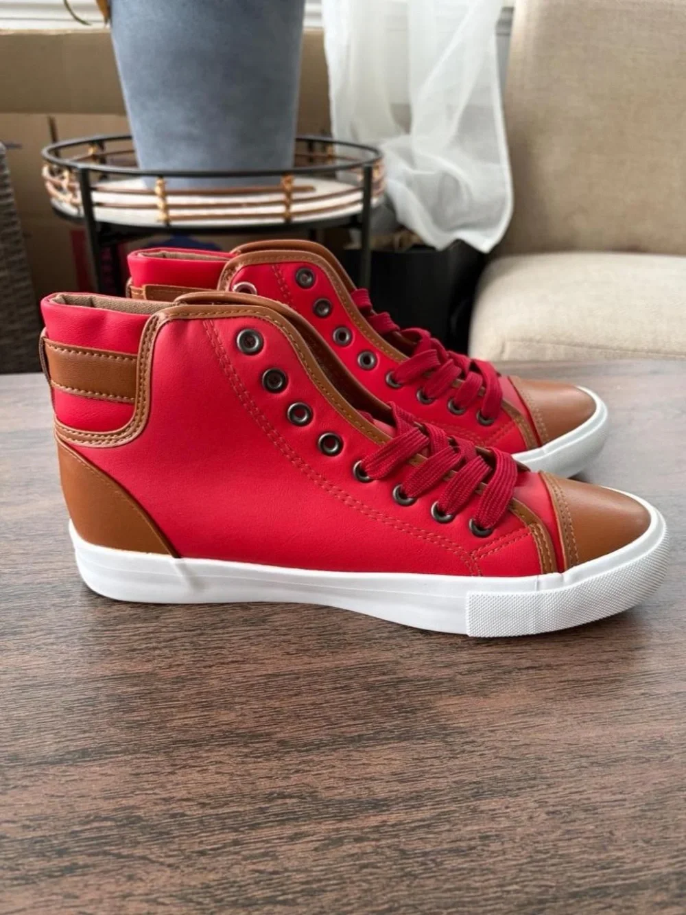 Red High-Top Sneakers with Brown Accents